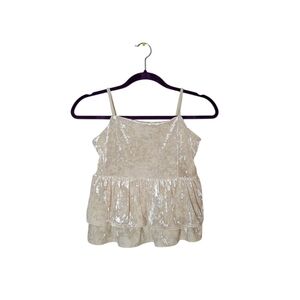 American Eagle Velvet Babydoll Top S Cream Cropped Smocked Boho Fairy Ruffle